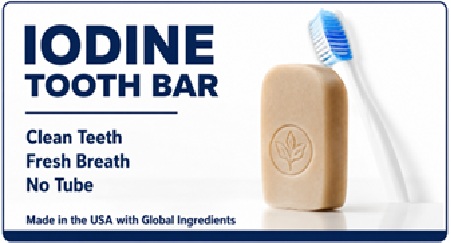 Iodine Tooth Bar front label: Clean Teeth, Fresh Breath, No Tube — Made in the USA with Global Ingredients